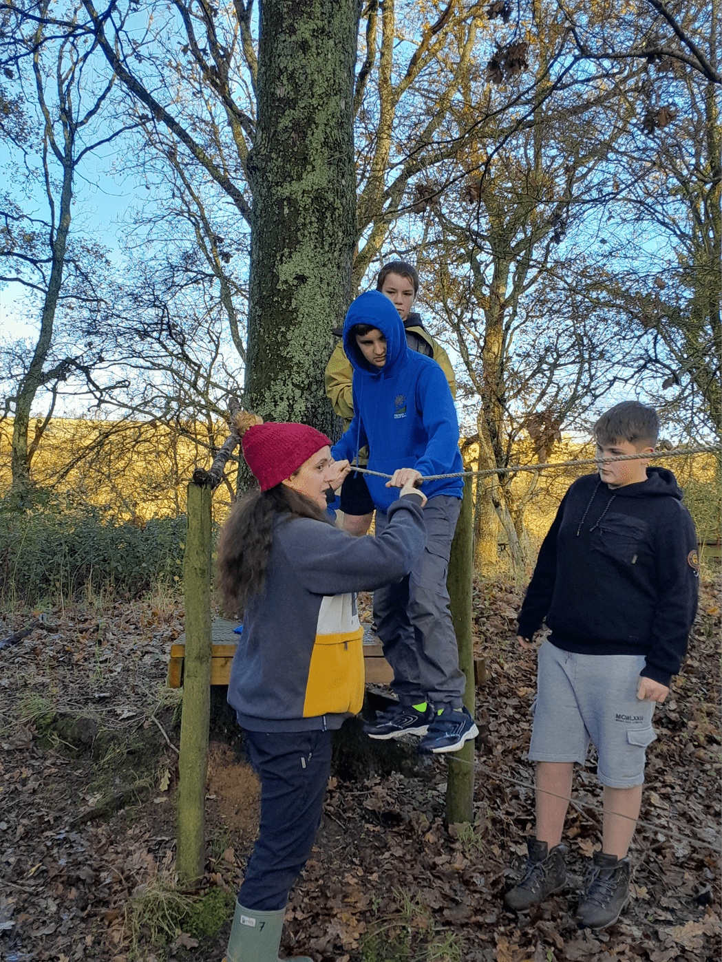 Learners from The Highgate Hill House working together on low-ropes challenges at Magdalen Farm.