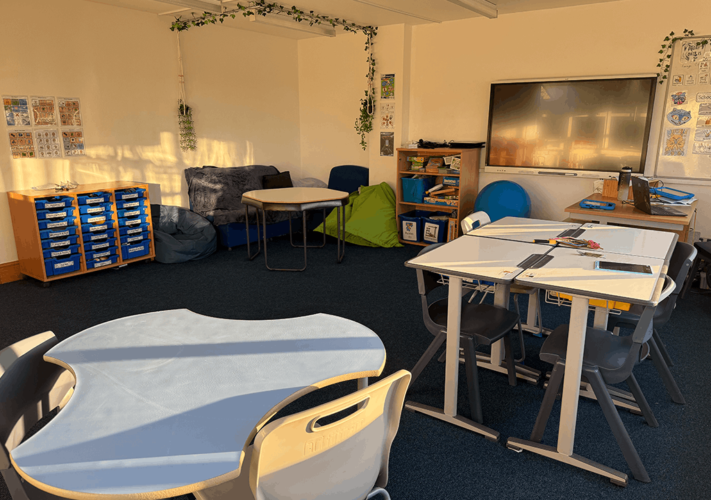 A primary classroom at Highgate Hill House School, thoughtfully arranged to provide a calm, supportive setting for personalised learning for children with special educational needs.